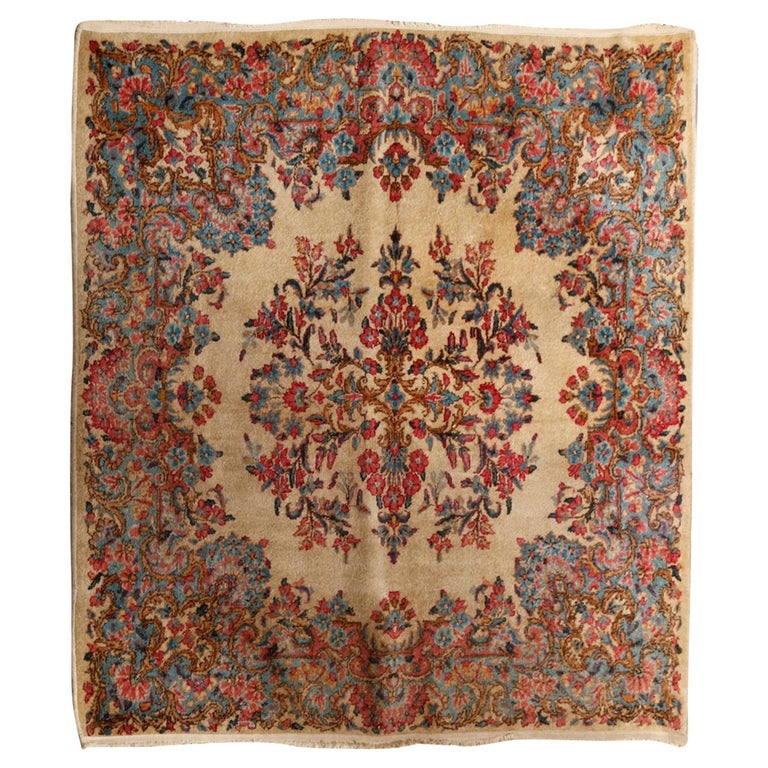Vintage Floral Kerman Persian Square Oriental Rug, circa 1950 at 1stDibs