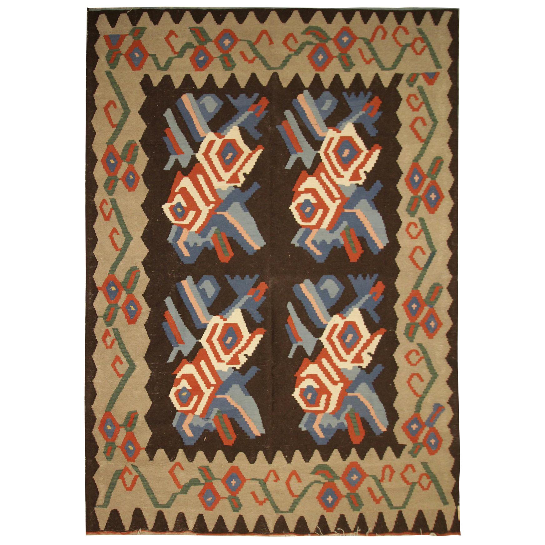 Vintage Floral Kilim Rug Handmade Flat weave Carpet (tapis à tissage plat) en vente