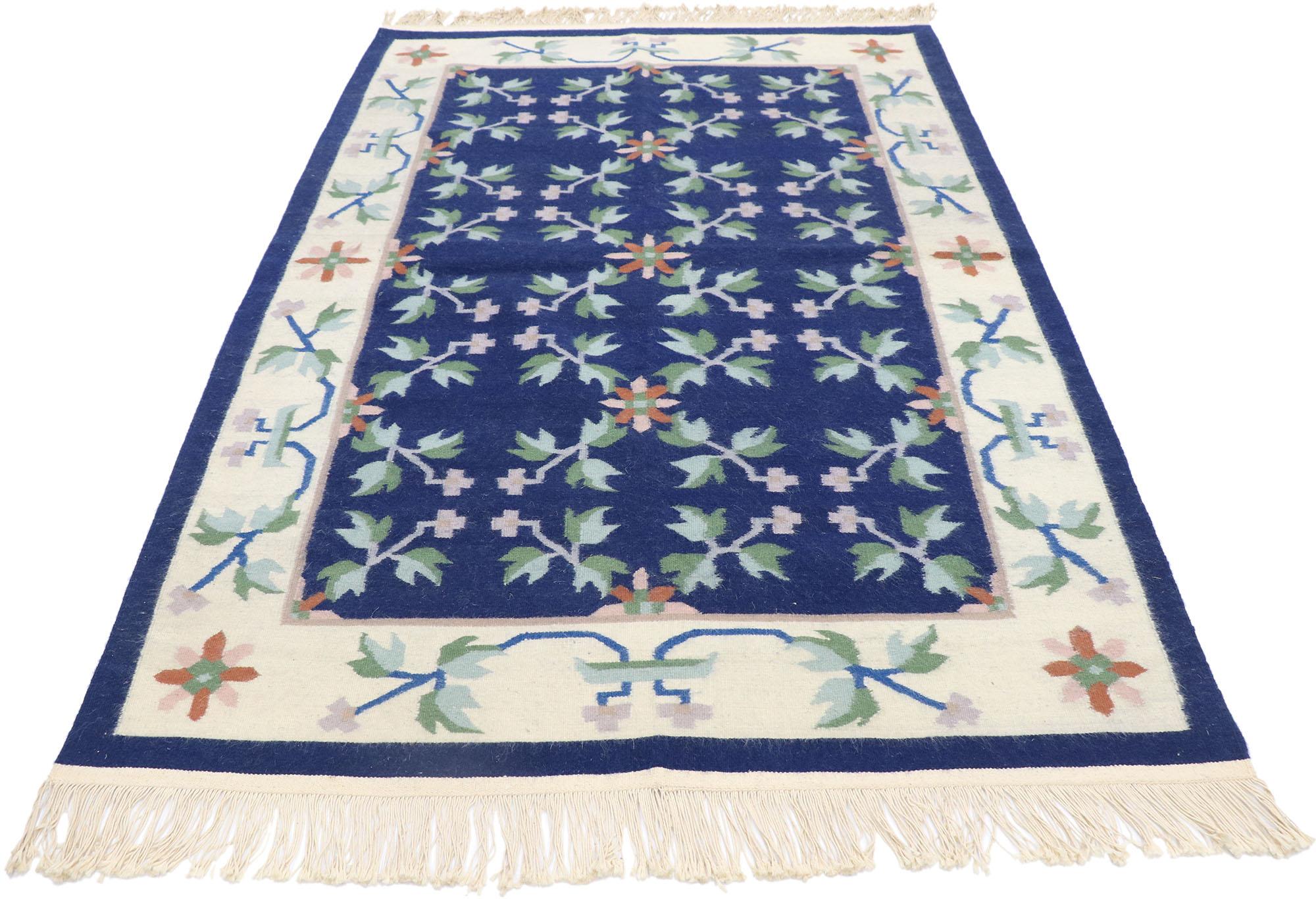 77815 Vintage Floral Kilim Rug with English Chintz Style 04'01 x 06'03. Delicately feminine and beautifully traditional, this hand-woven wool vintage floral kilim rug is poised to impress. The blue abrashed field features an all-over botanical