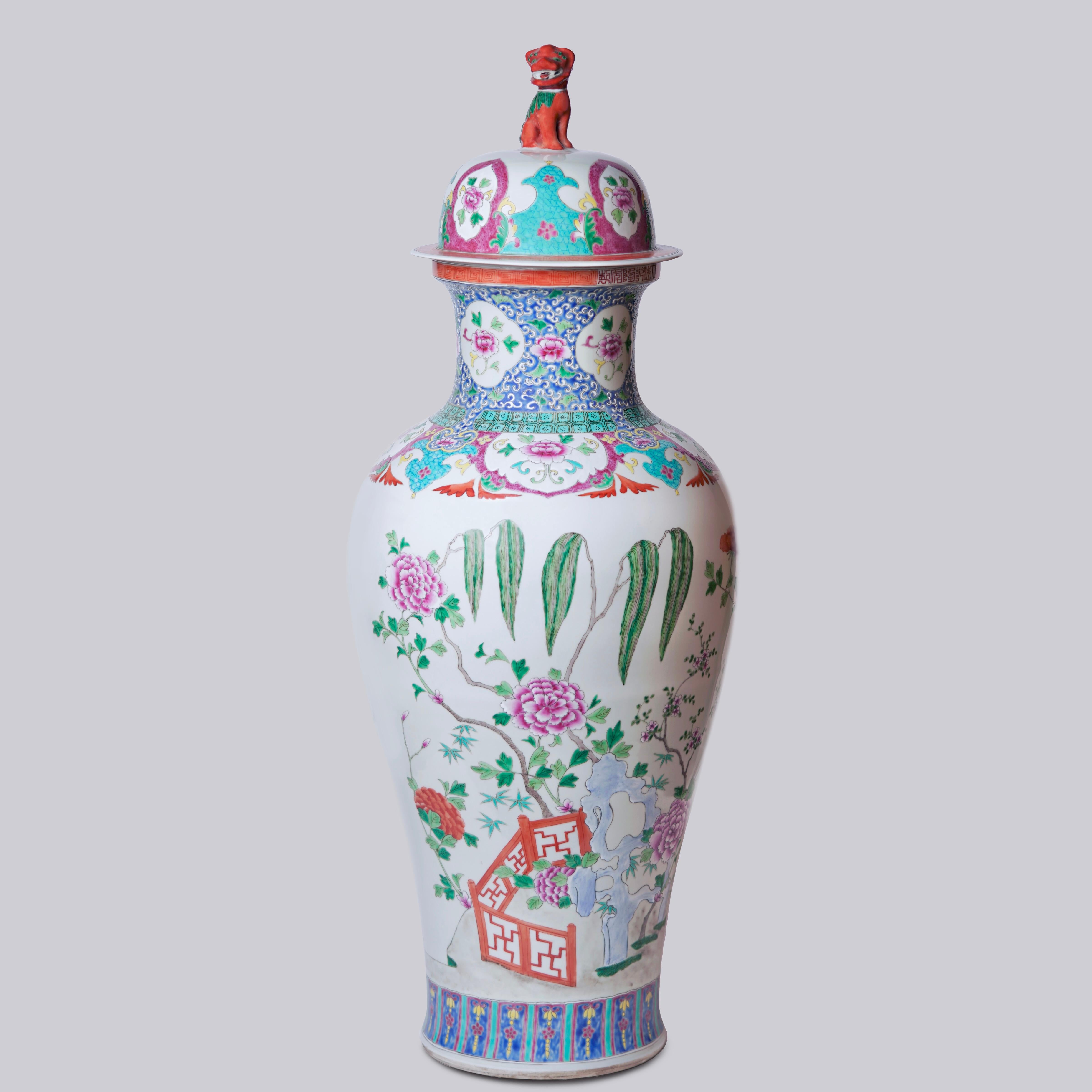 Qing Unique Vintage Floral Landscape Famille Rose Porcelain Floor Vase For Sale