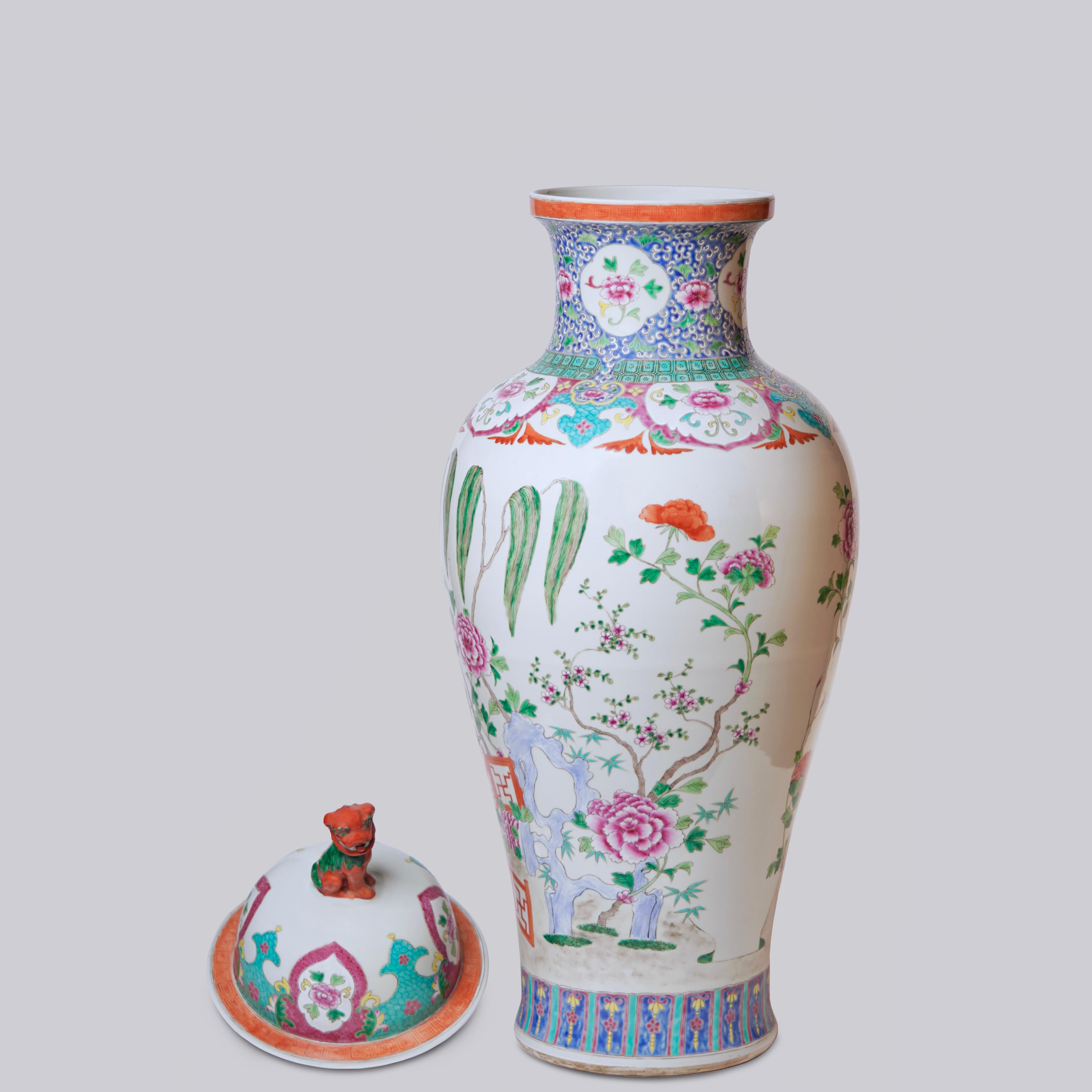 Fired Unique Vintage Floral Landscape Famille Rose Porcelain Floor Vase For Sale