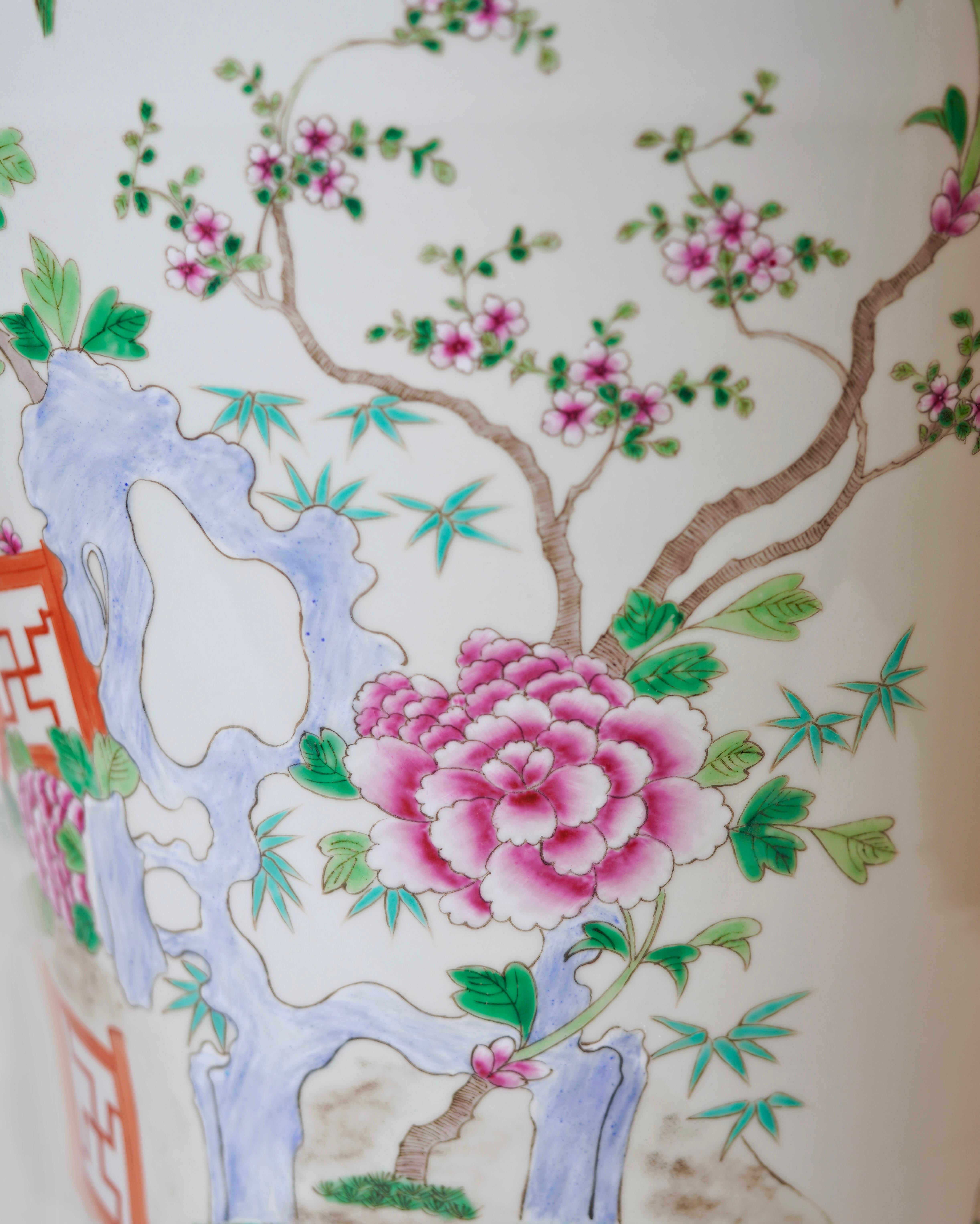 Unique Vintage Floral Landscape Famille Rose Porcelain Floor Vase In Good Condition For Sale In Manassas Park, VA
