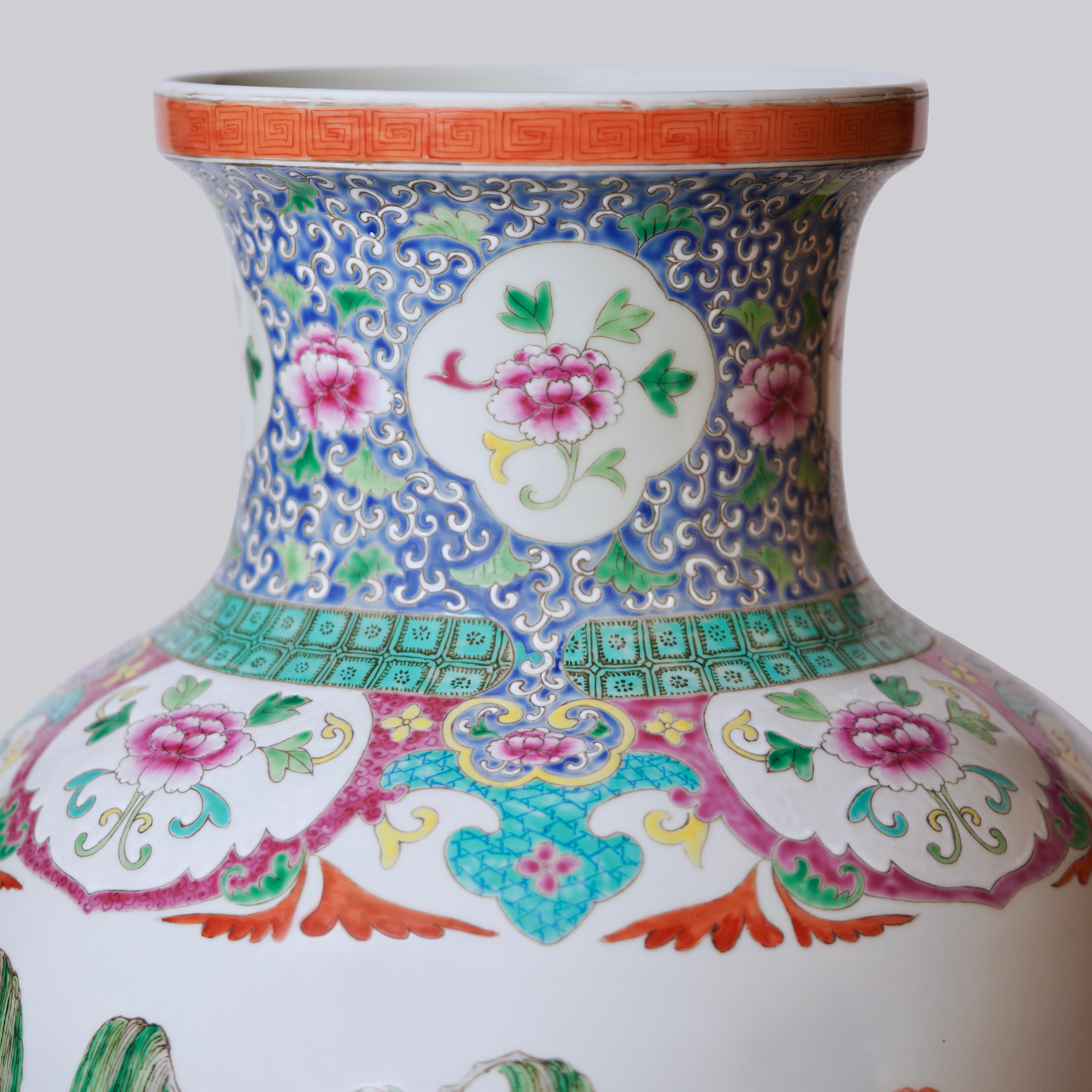 20th Century Unique Vintage Floral Landscape Famille Rose Porcelain Floor Vase For Sale