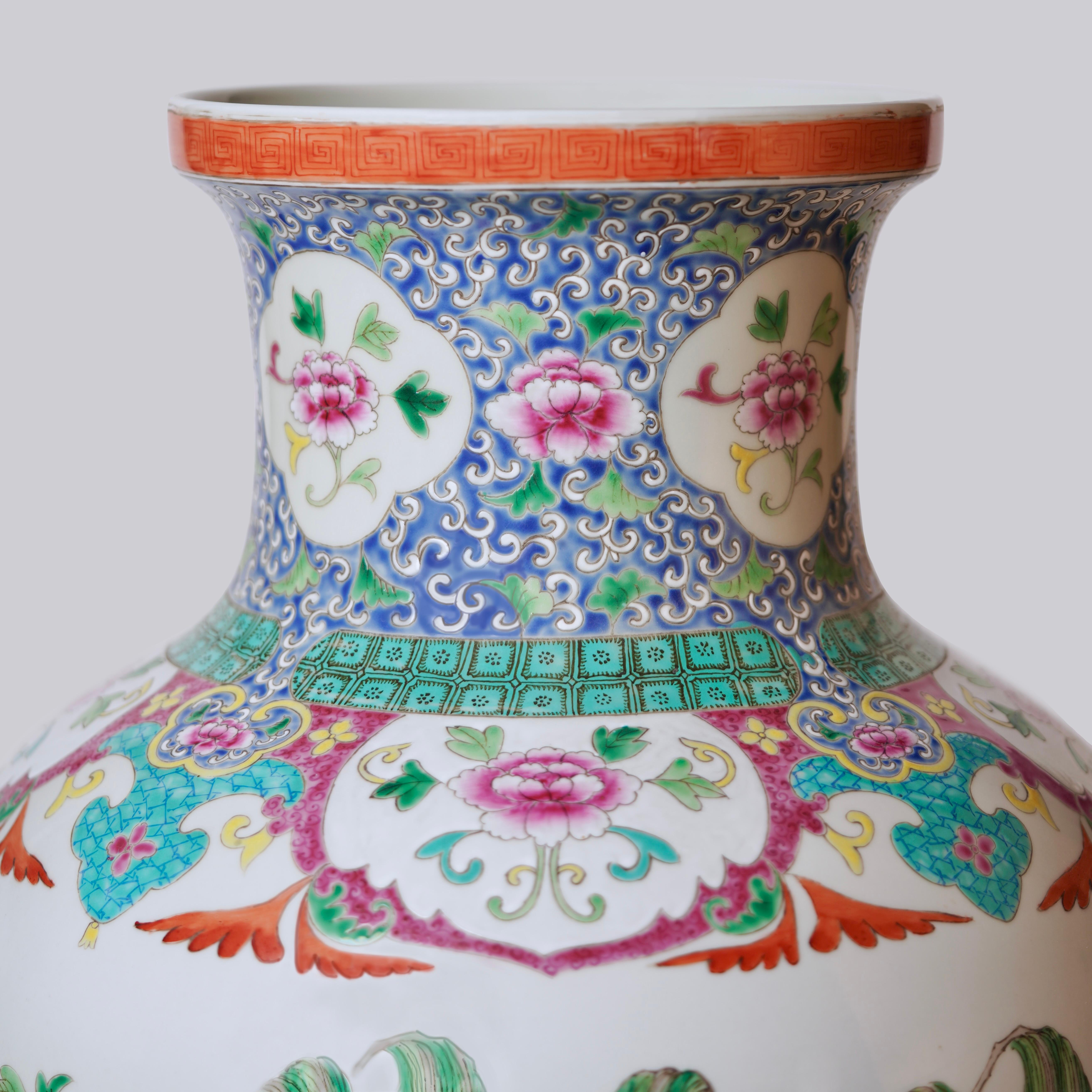 Unique Vintage Floral Landscape Famille Rose Porcelain Floor Vase For Sale 2