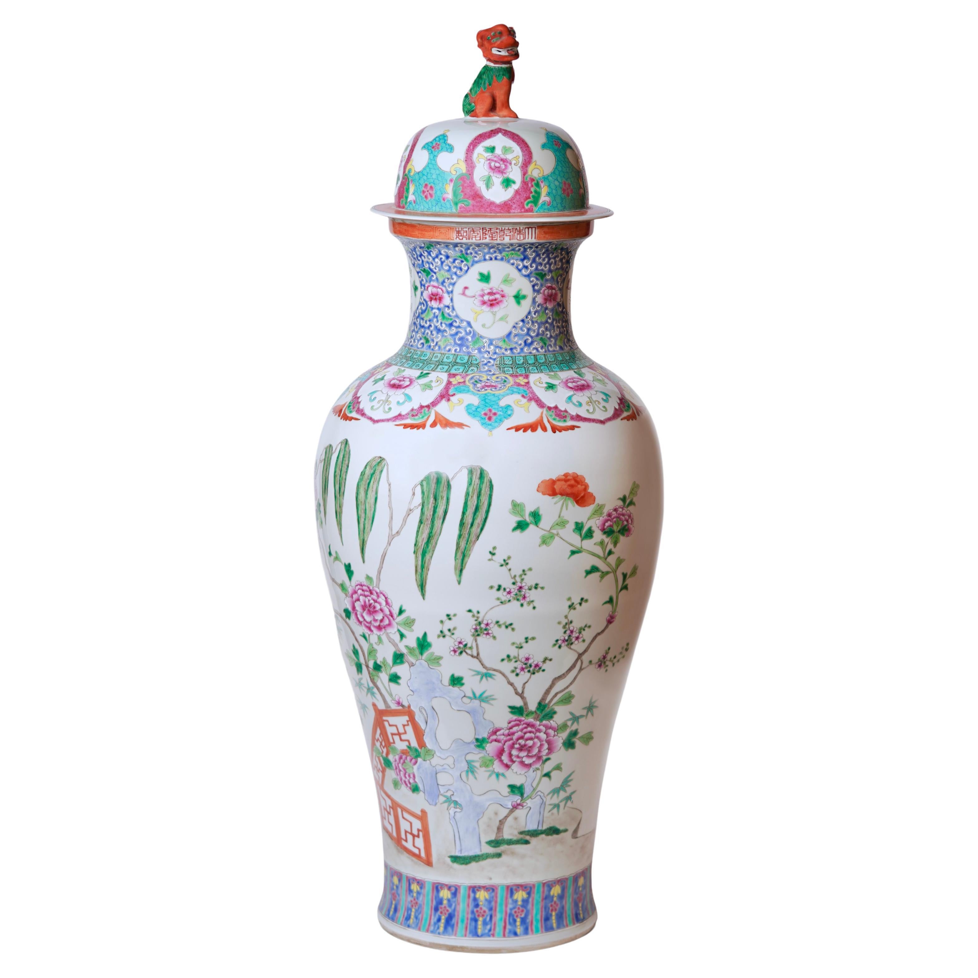 Unique Vintage Floral Landscape Famille Rose Porcelain Floor Vase For Sale