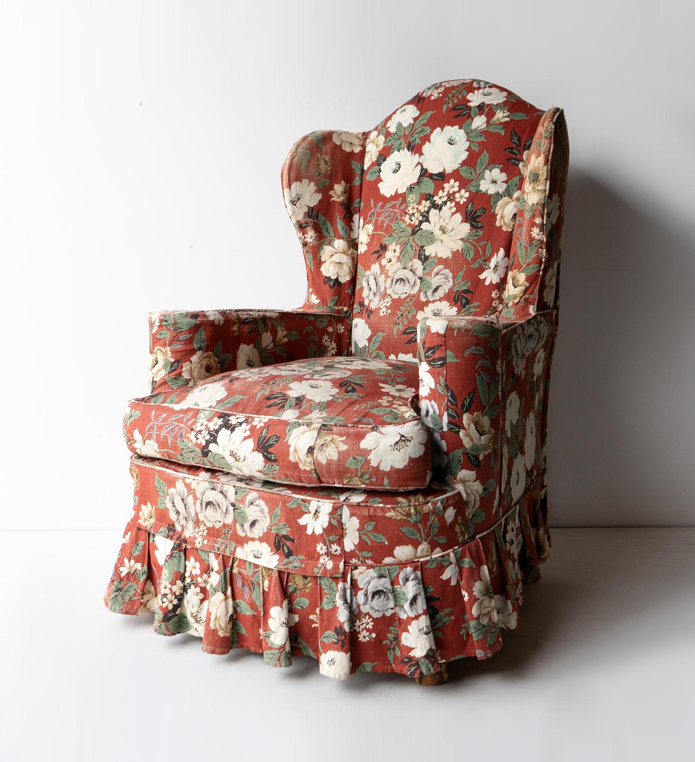 Hand-Crafted Vintage Floral Loose Cover Upholstered Country House Armchair, 1940s