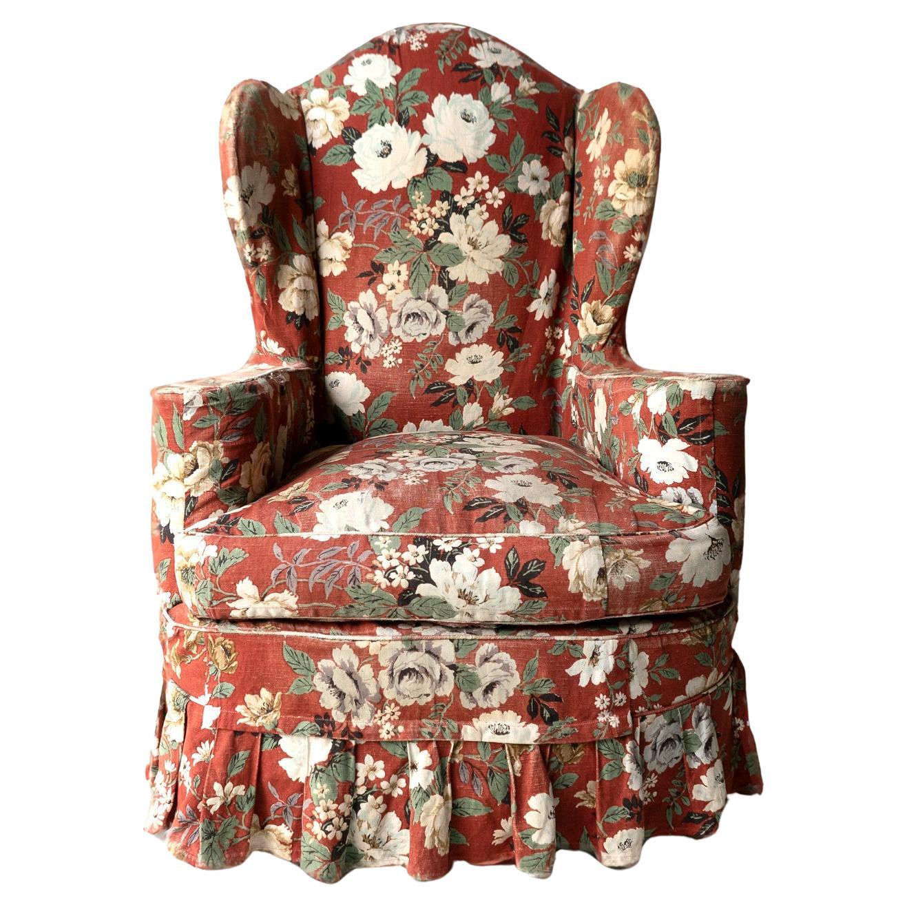 Vintage Floral Loose Cover Upholstered Country House Armchair, 1940s