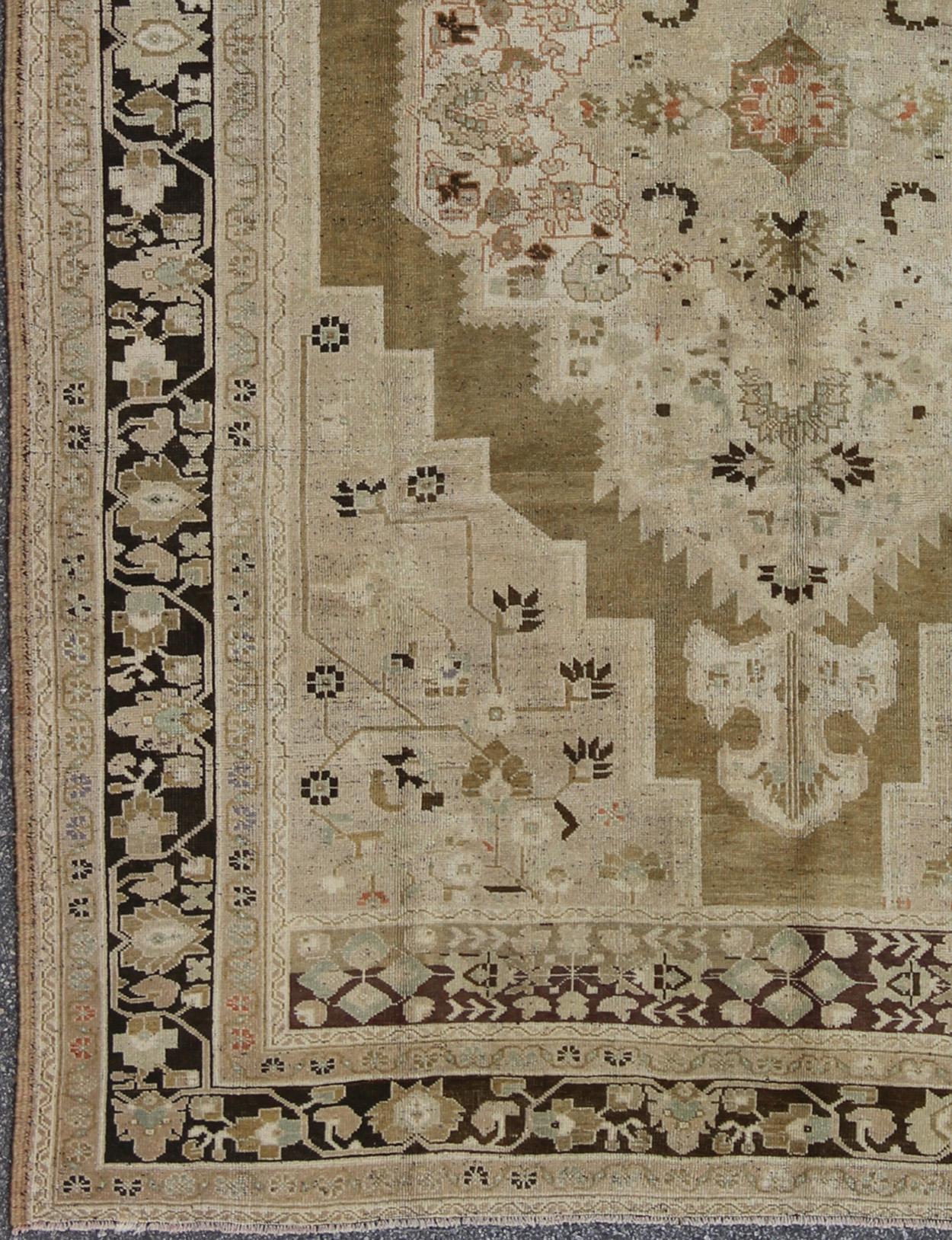 Hand-Knotted Vintage Floral Medallion Oushak Area Rug in Taupe, Tan, Dark Brown For Sale