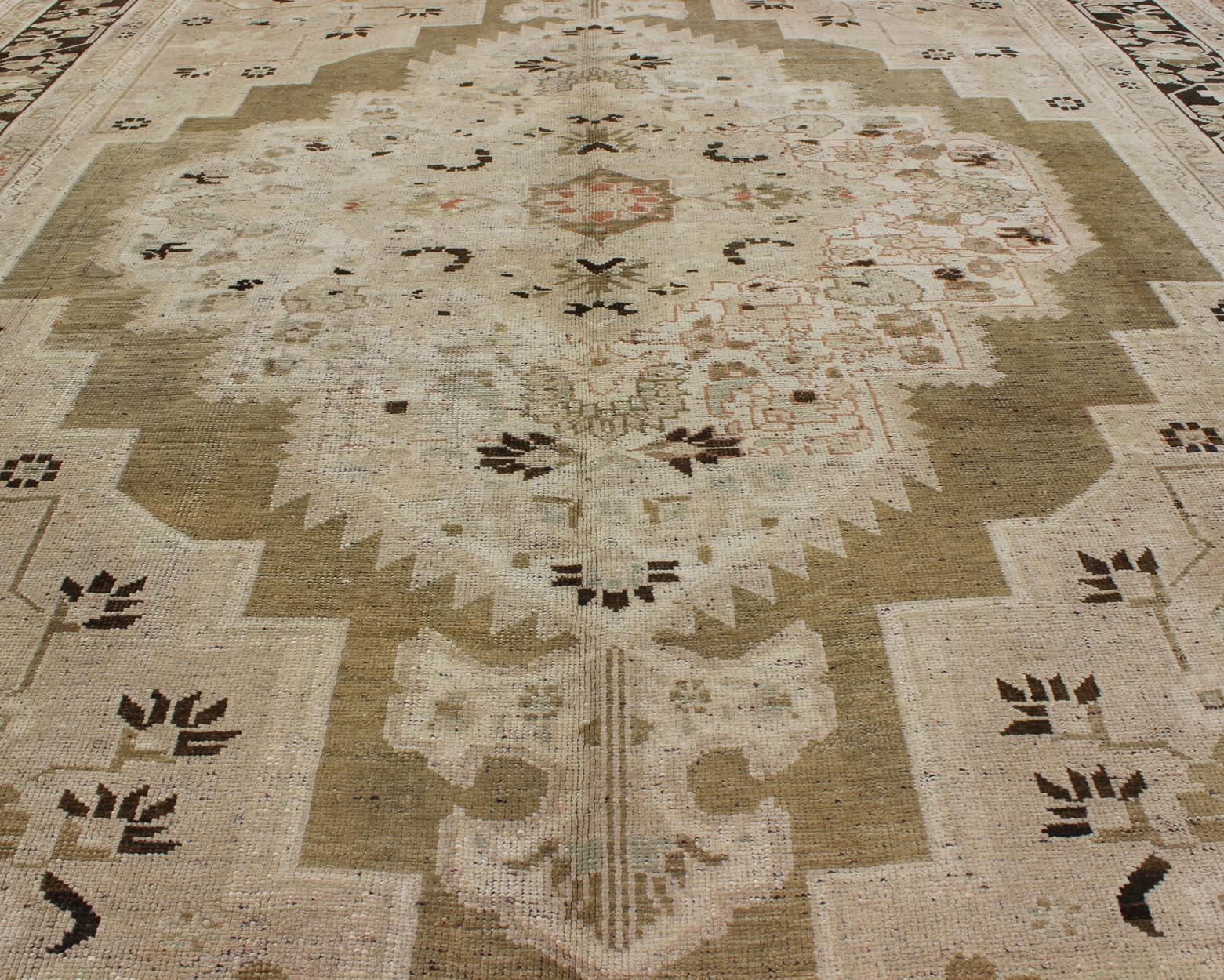 20th Century Vintage Floral Medallion Oushak Area Rug in Taupe, Tan, Dark Brown For Sale