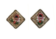 Vintage Floral Micro Mosaic Ear Clips - Unsigned - Italy - Early 20th Century