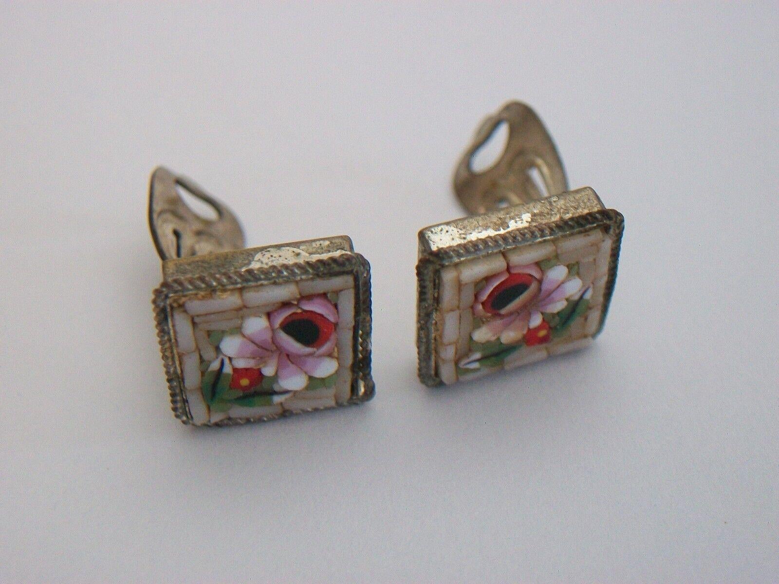 Romantic Vintage Floral Micro Mosaic Ear Clips - Unsigned - Italy - Early 20th Century For Sale