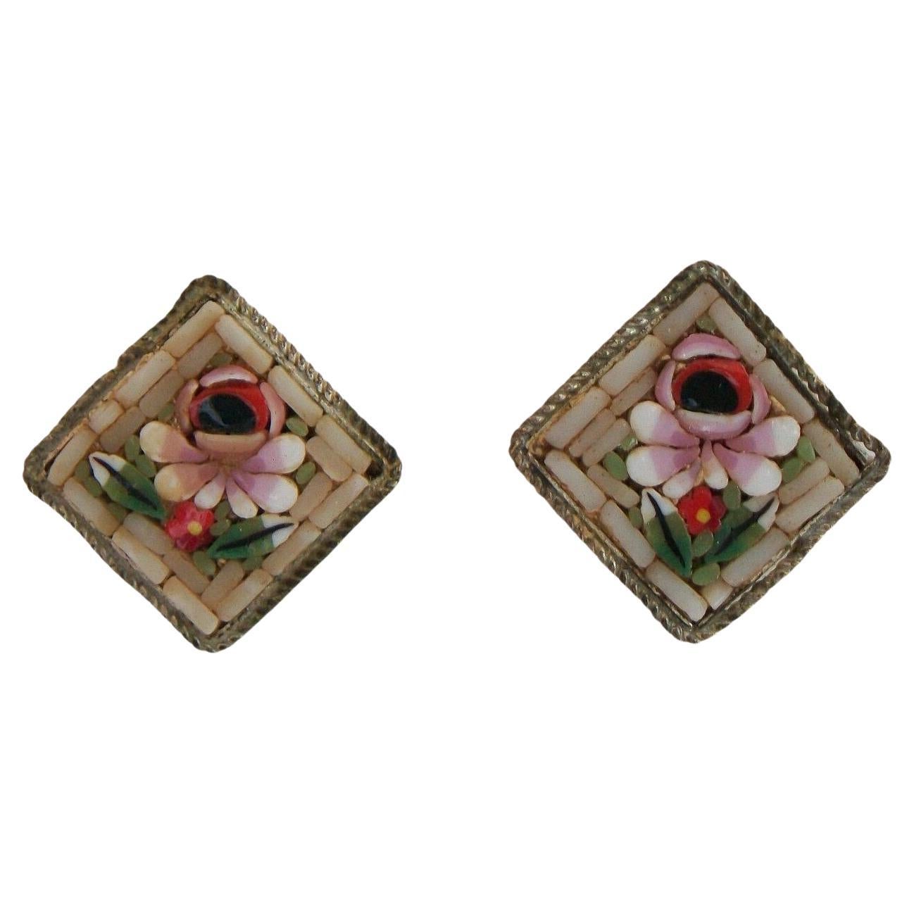 Vintage Floral Micro Mosaic Ear Clips - Unsigned - Italy - Early 20th Century