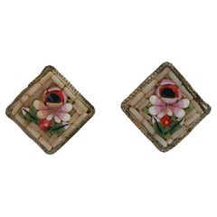 Vintage Floral Micro Mosaic Ear Clips - Unsigned - Italy - Early 20th Century