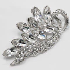 Vintage Floral Motif Clear Crystal Brooch Pin, Rhodium Plated, Circa Mid 1900s
