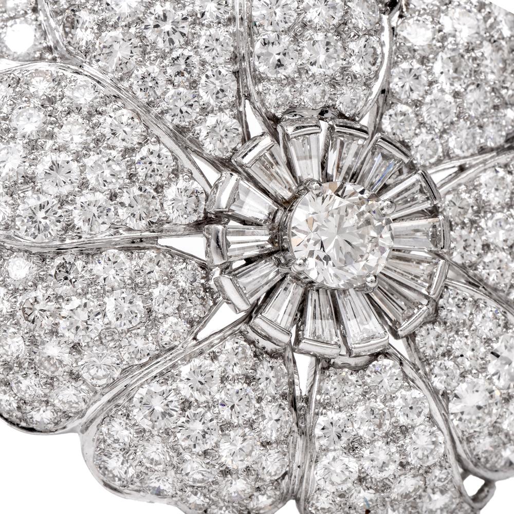 Colgante Broche Solapa Platino Vintage Motivo Floral Diamante Corte redondo en venta