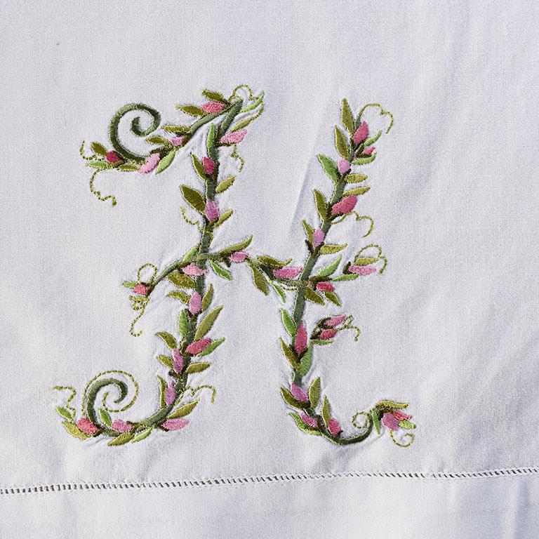 American Vintage Floral Motif Embroidered Tea Towel with Letter H