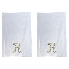 Vintage Floral Motif Embroidered Tea Towel with Letter H