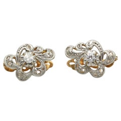 Vintage Floral Motif White & Yellow Gold Diamond Clip-On Earrings