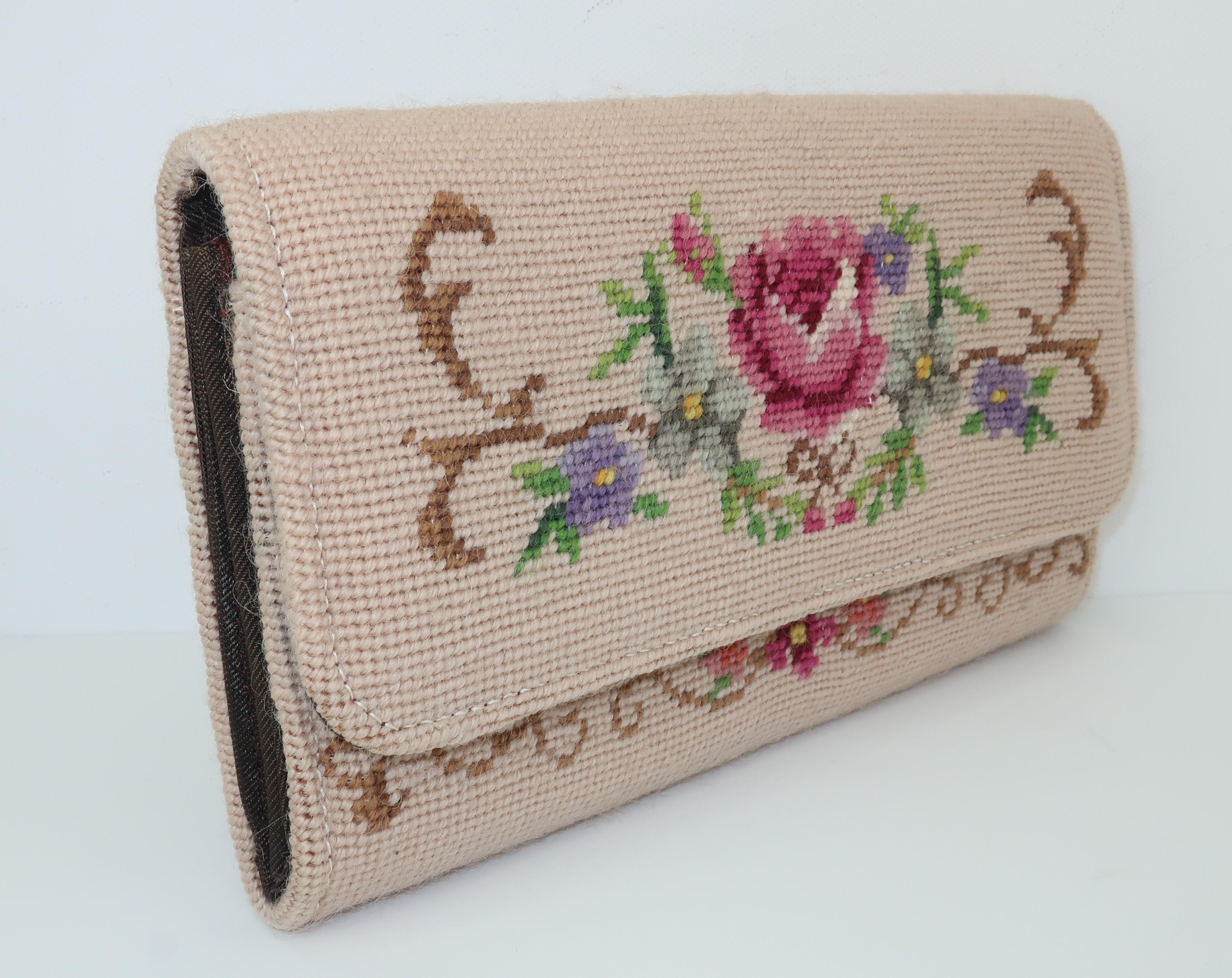 Brown Vintage Floral Needlepoint Envelope Clutch Handbag