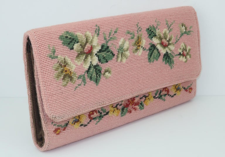 Vintage Floral Needlepoint Envelope Clutch Handbag at 1stDibs