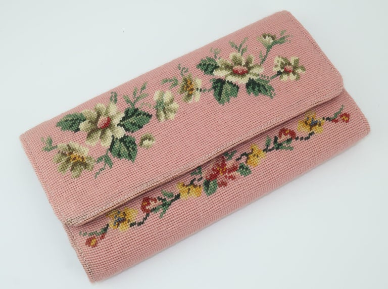 Vintage Floral Needlepoint Envelope Clutch Handbag at 1stDibs