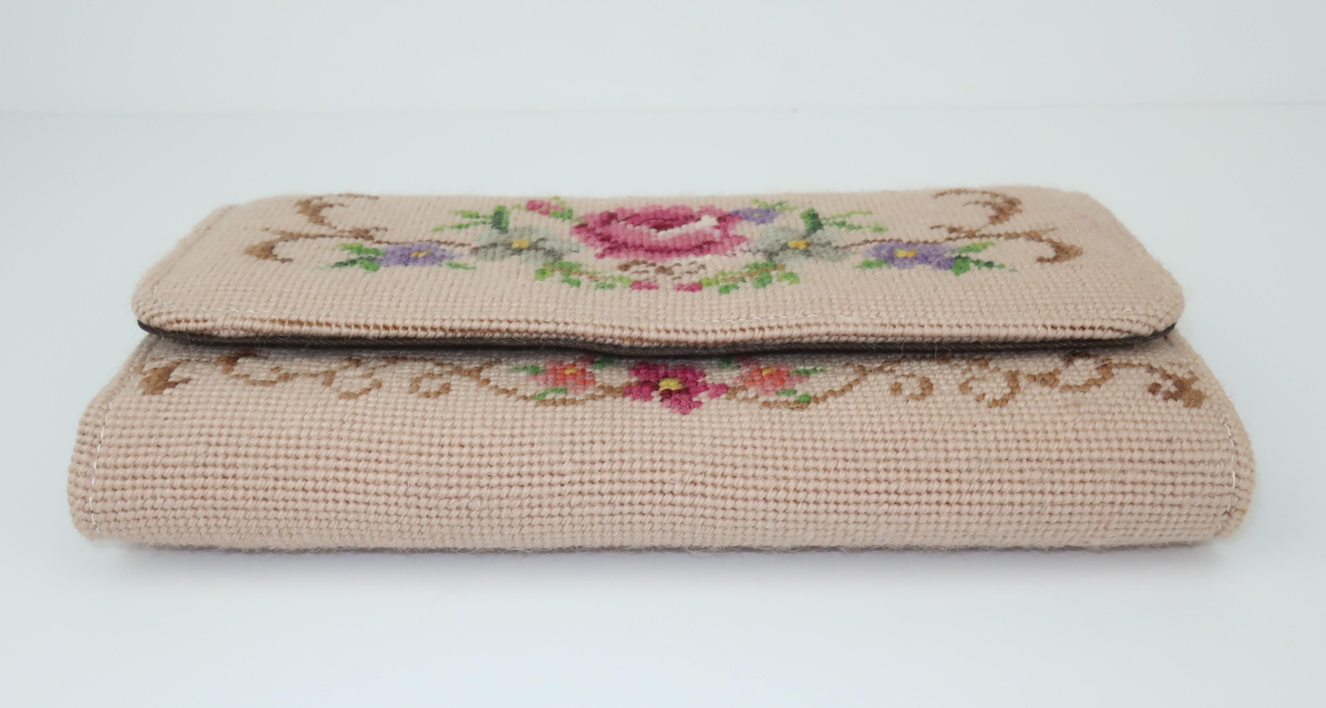 Vintage Floral Needlepoint Envelope Clutch Handbag 1