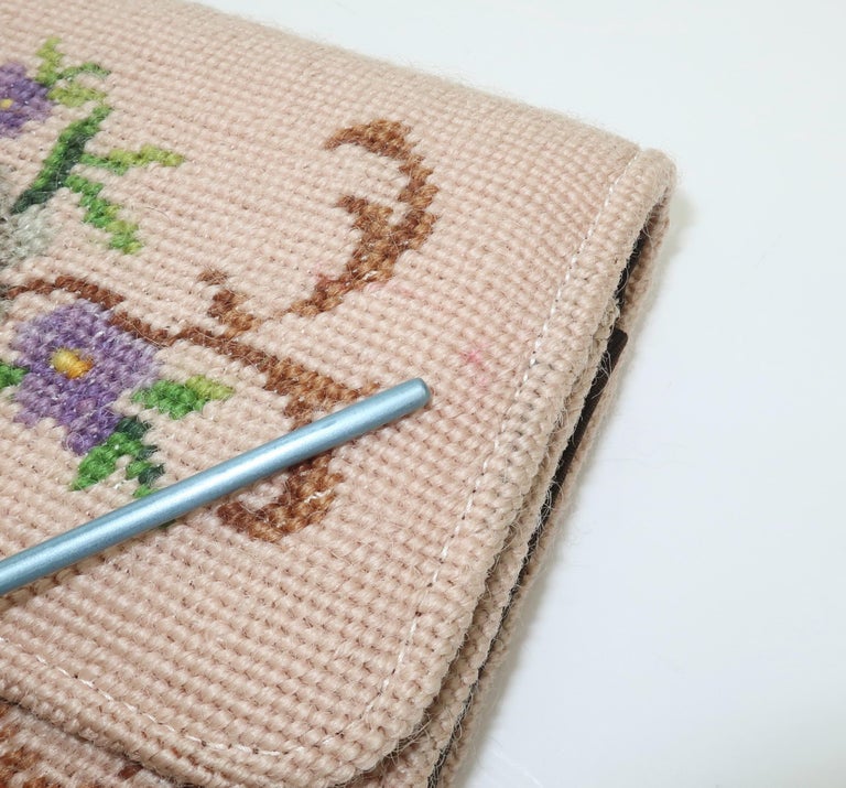 Vintage Floral Needlepoint Envelope Clutch Handbag For Sale at 1stDibs