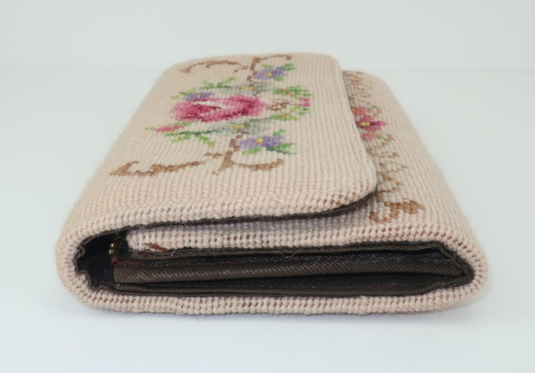 Vintage Floral Needlepoint Envelope Clutch Handbag For Sale at 1stDibs