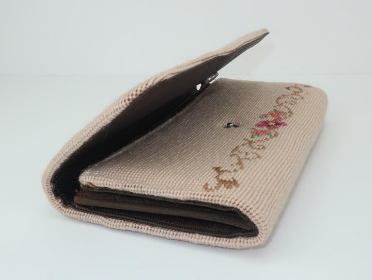 Vintage Floral Needlepoint Envelope Clutch Handbag For Sale at 1stDibs