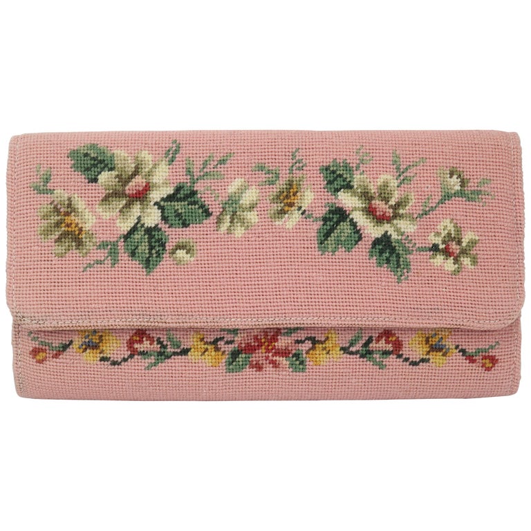 Vintage Floral Needlepoint Envelope Clutch Handbag at 1stDibs