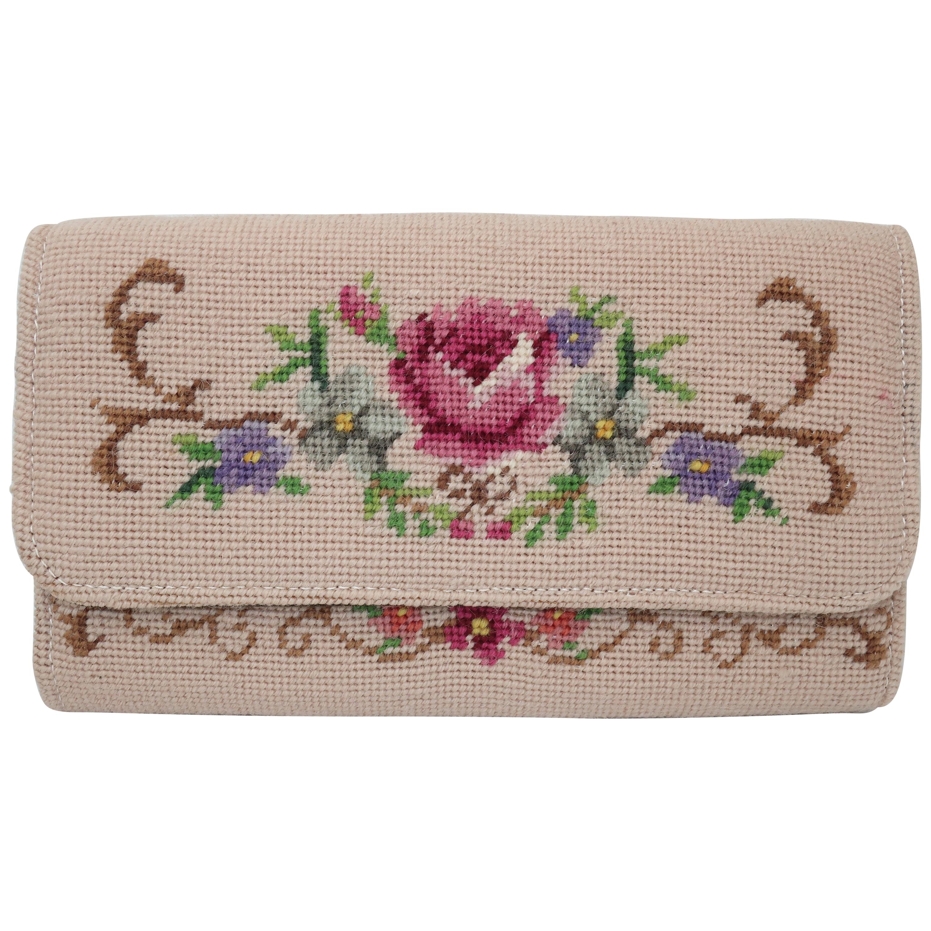 Vintage Floral Needlepoint Envelope Clutch Handbag