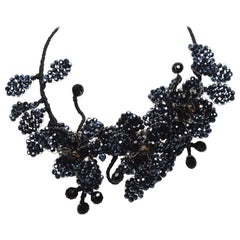 Vintage Floral Onyx Bead Costume Collar Bib Choker Statement Necklace