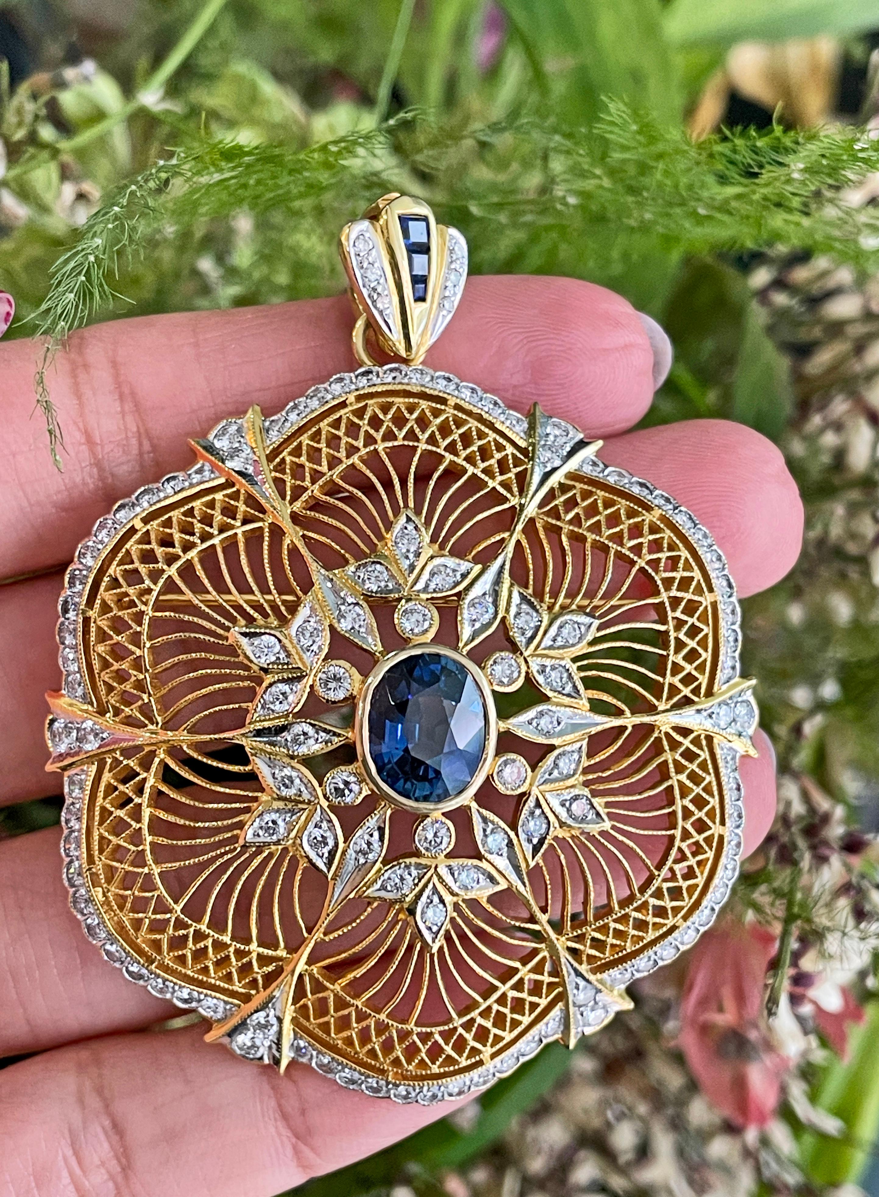 Vintage Floral Openwork Sapphire and Diamond 18 Carat Gold Brooch For Sale 2