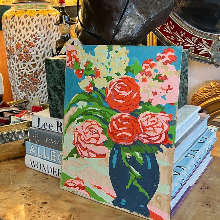 Vintage Floral Paint By Numbers Still Life Painting of Vase of Roses - 1970s In Good Condition For Sale In Oklahoma City, OK