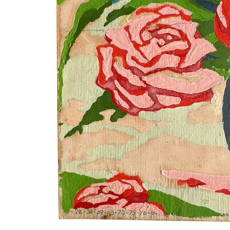 Late 20th Century Vintage Floral Paint By Numbers Still Life Painting of Vase of Roses - 1970s For Sale