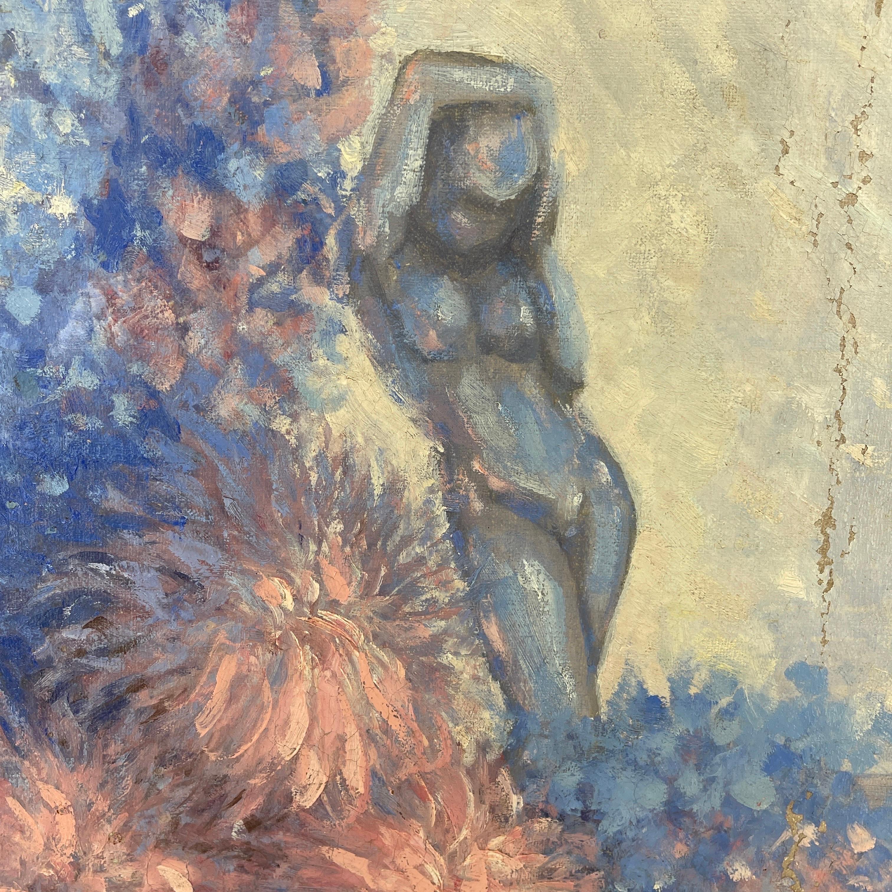 Vintage Floral Painting with Female Nude Art Posing Oil on Canvas For Sale 2