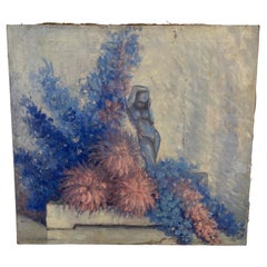 Vintage-Blumengemälde mit weiblichem Akt, Kunst, Porträt, Öl auf Leinwand
