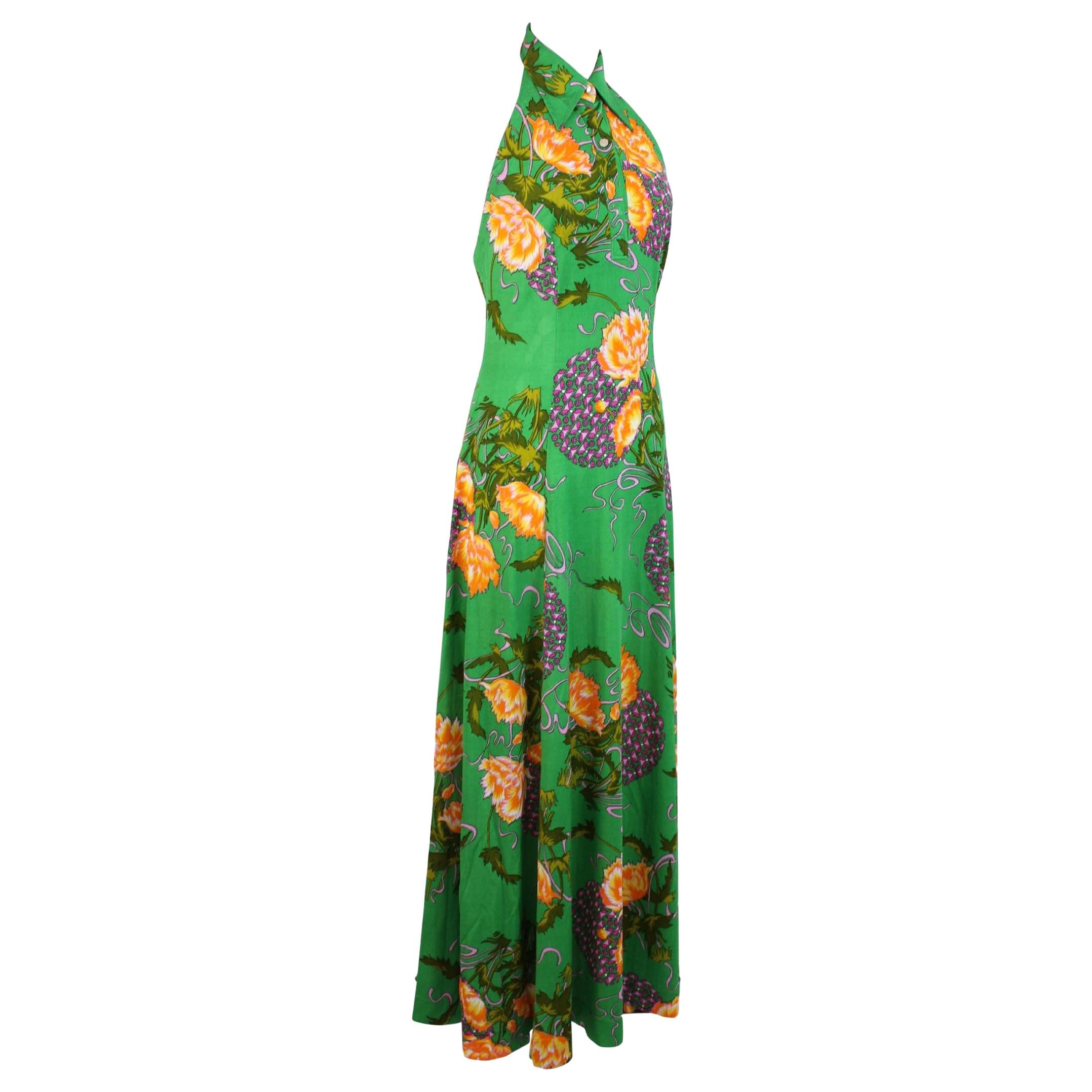 Longue robe de cocktail vintage à encolure florale à encolure américaine verte faite à la main, années 1980