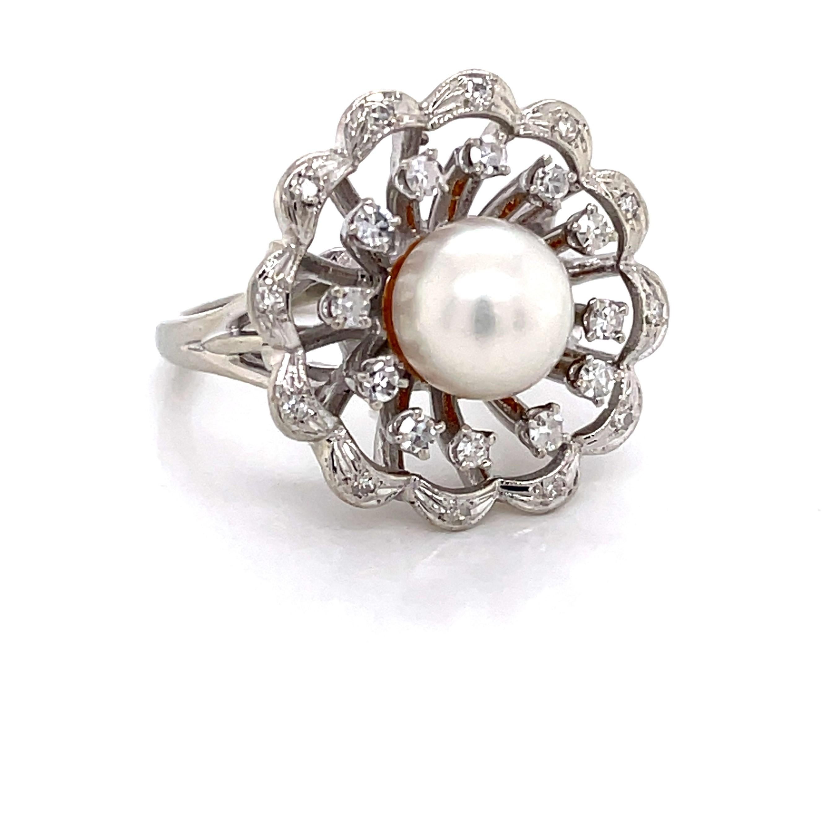 Vintage Floral Pearl Diamond 14 Karat White Gold Cocktail Ring 7