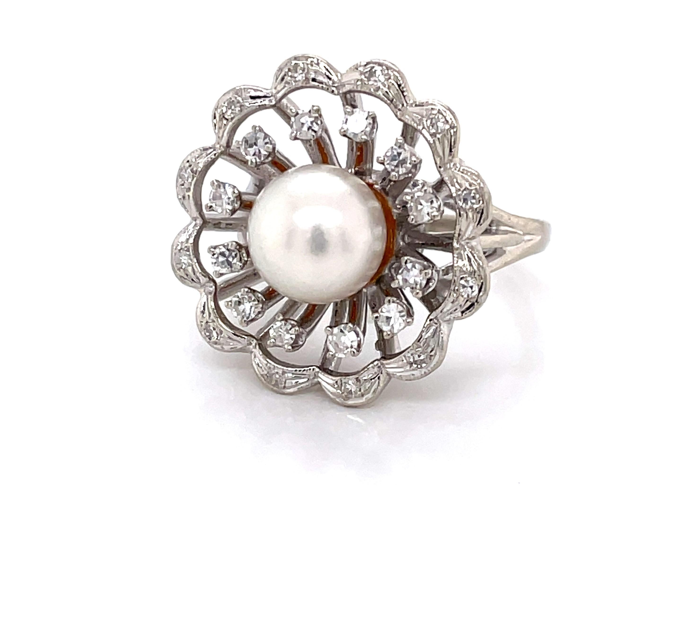 Round Cut Vintage Floral Pearl Diamond 14 Karat White Gold Cocktail Ring