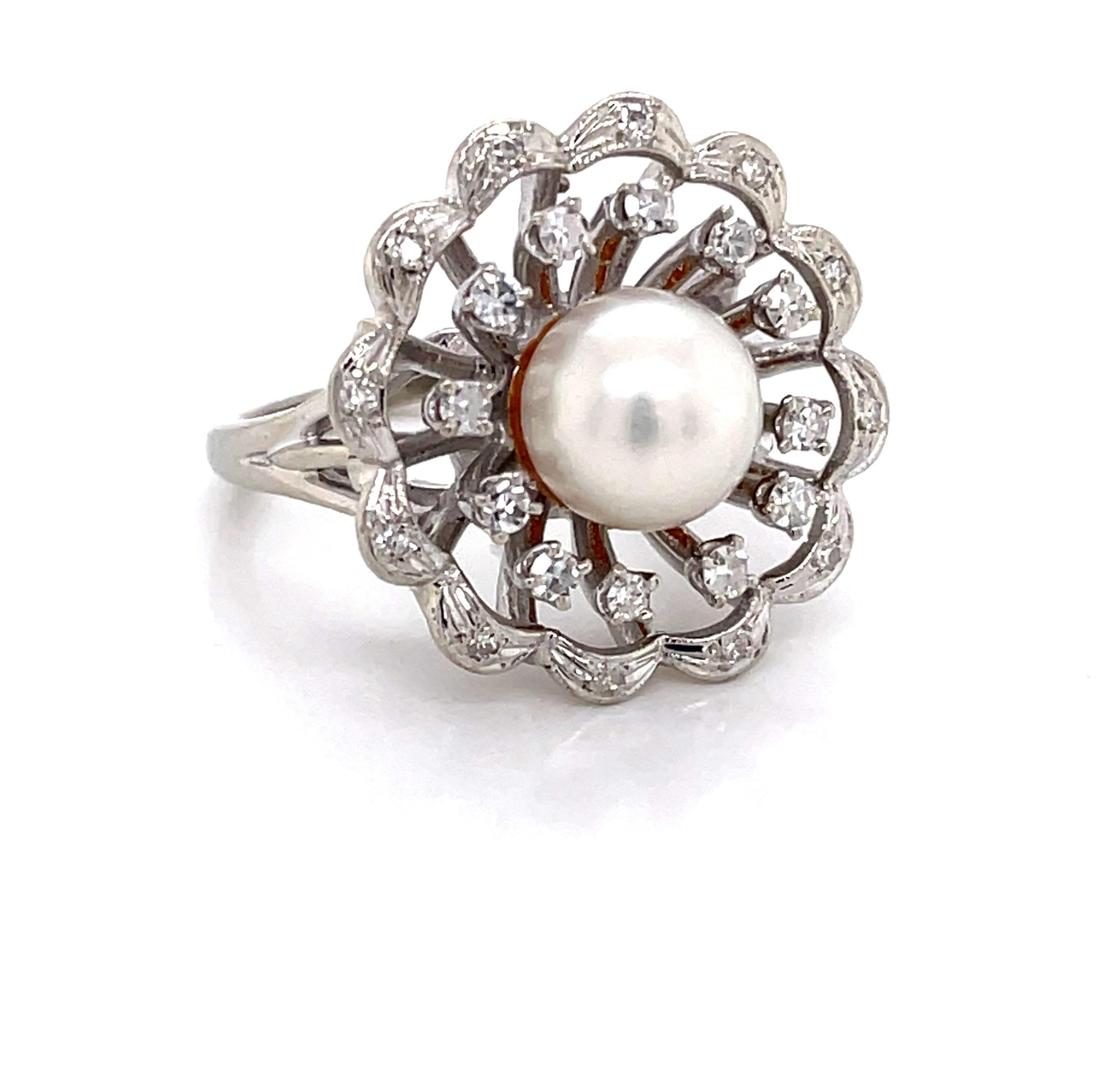 Vintage Floral Pearl Diamond 14 Karat White Gold Cocktail Ring In Good Condition In Mount Kisco, NY