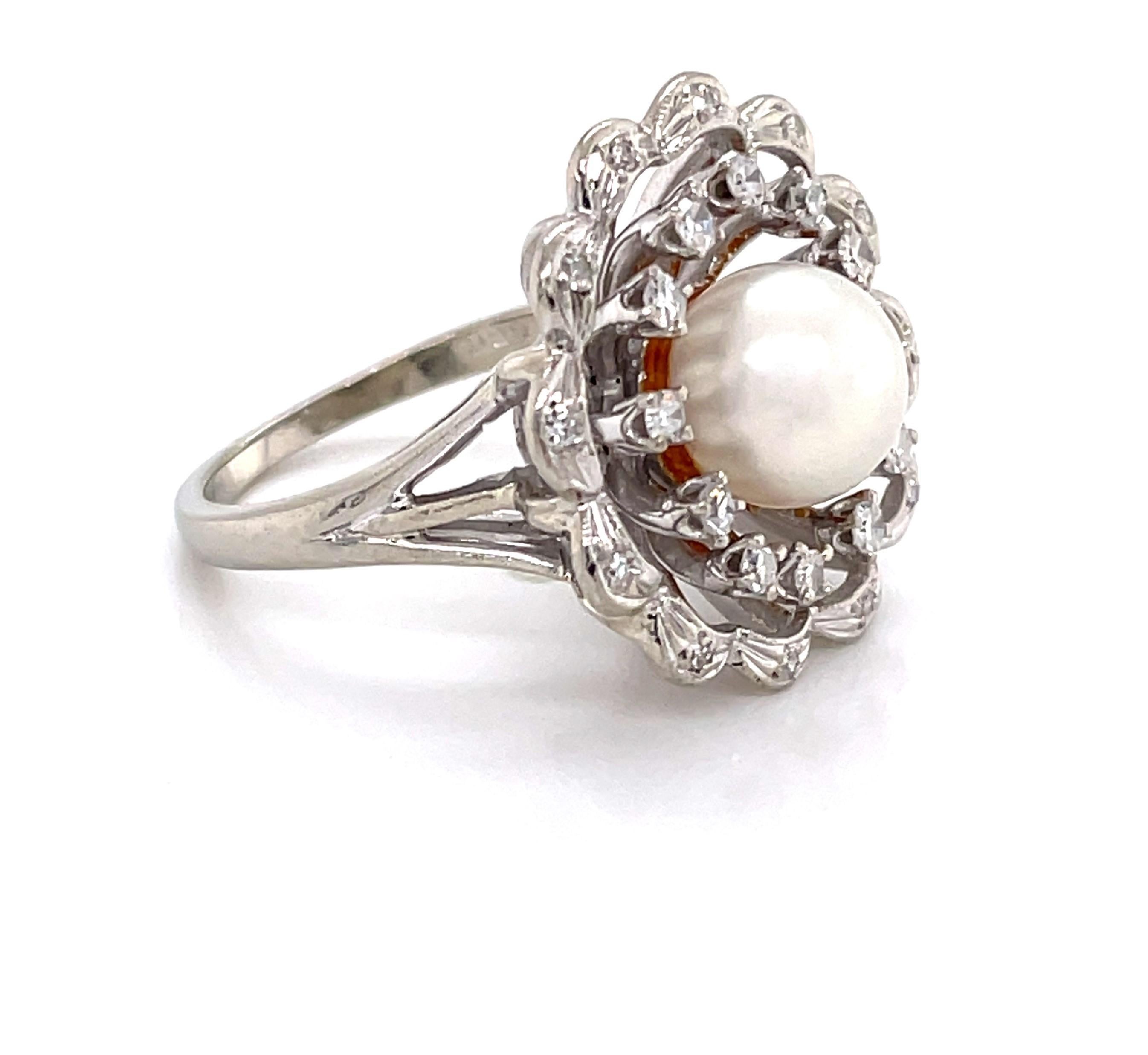 Women's Vintage Floral Pearl Diamond 14 Karat White Gold Cocktail Ring