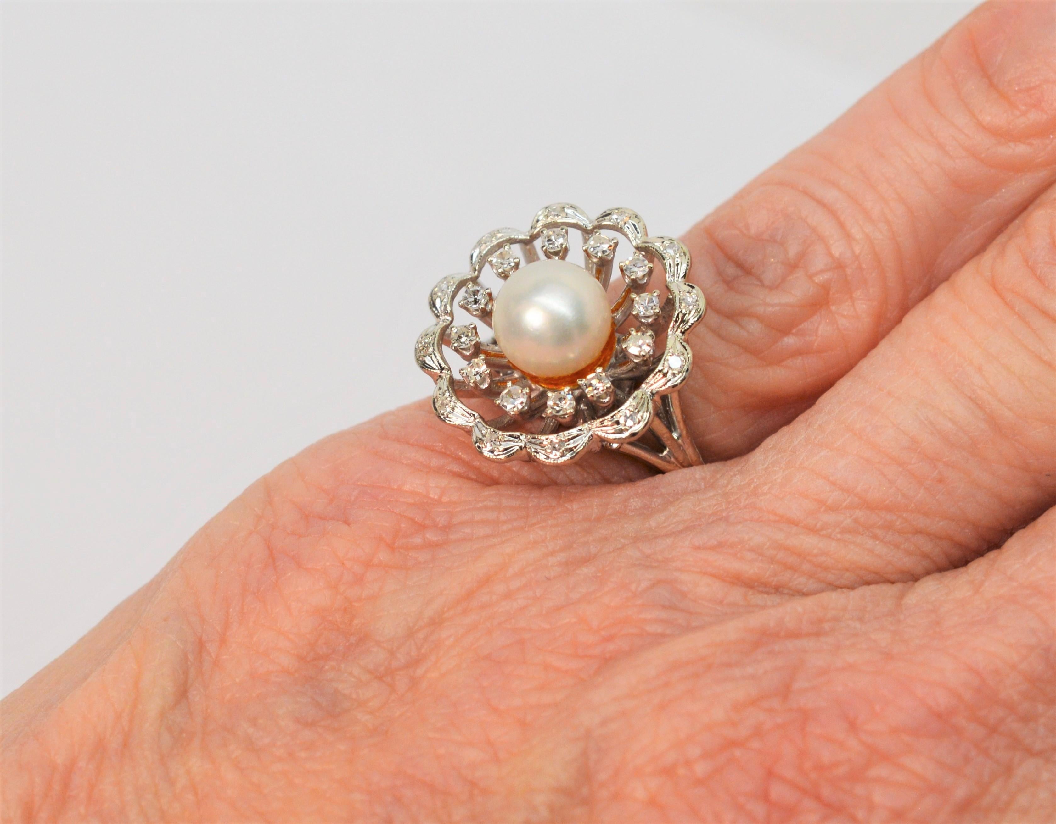 Vintage Floral Pearl Diamond 14 Karat White Gold Cocktail Ring 4