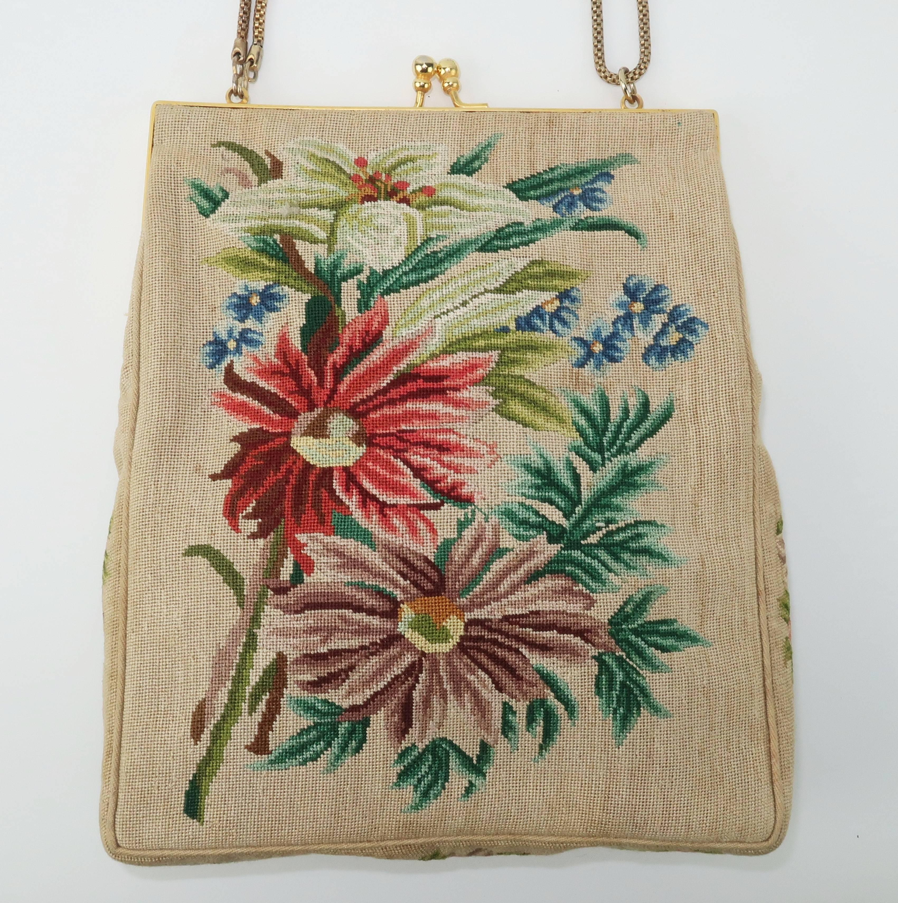 Vintage Floral Petit Point Handbag With Convertible Chain In Good Condition In Atlanta, GA