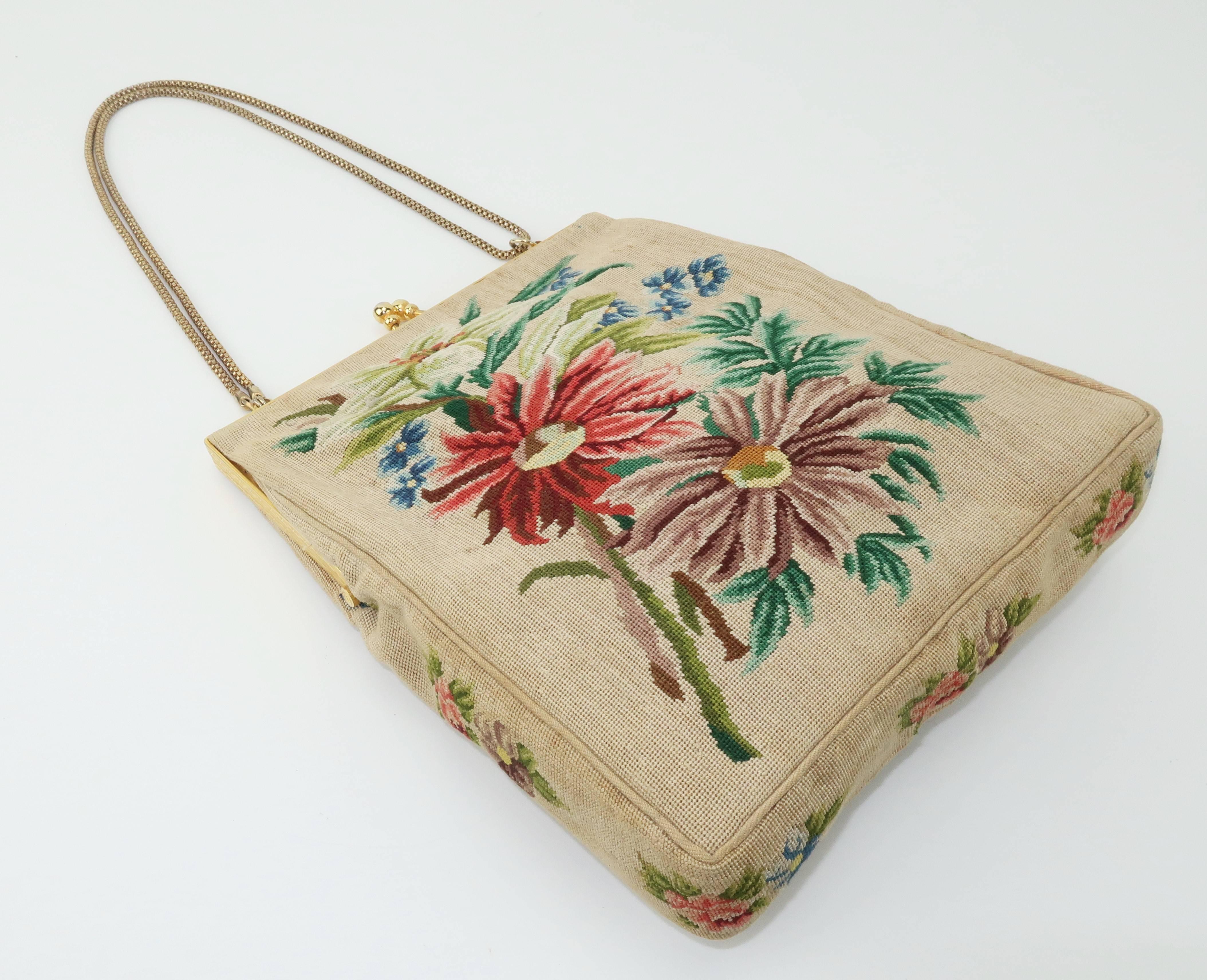 Women's Vintage Floral Petit Point Handbag With Convertible Chain