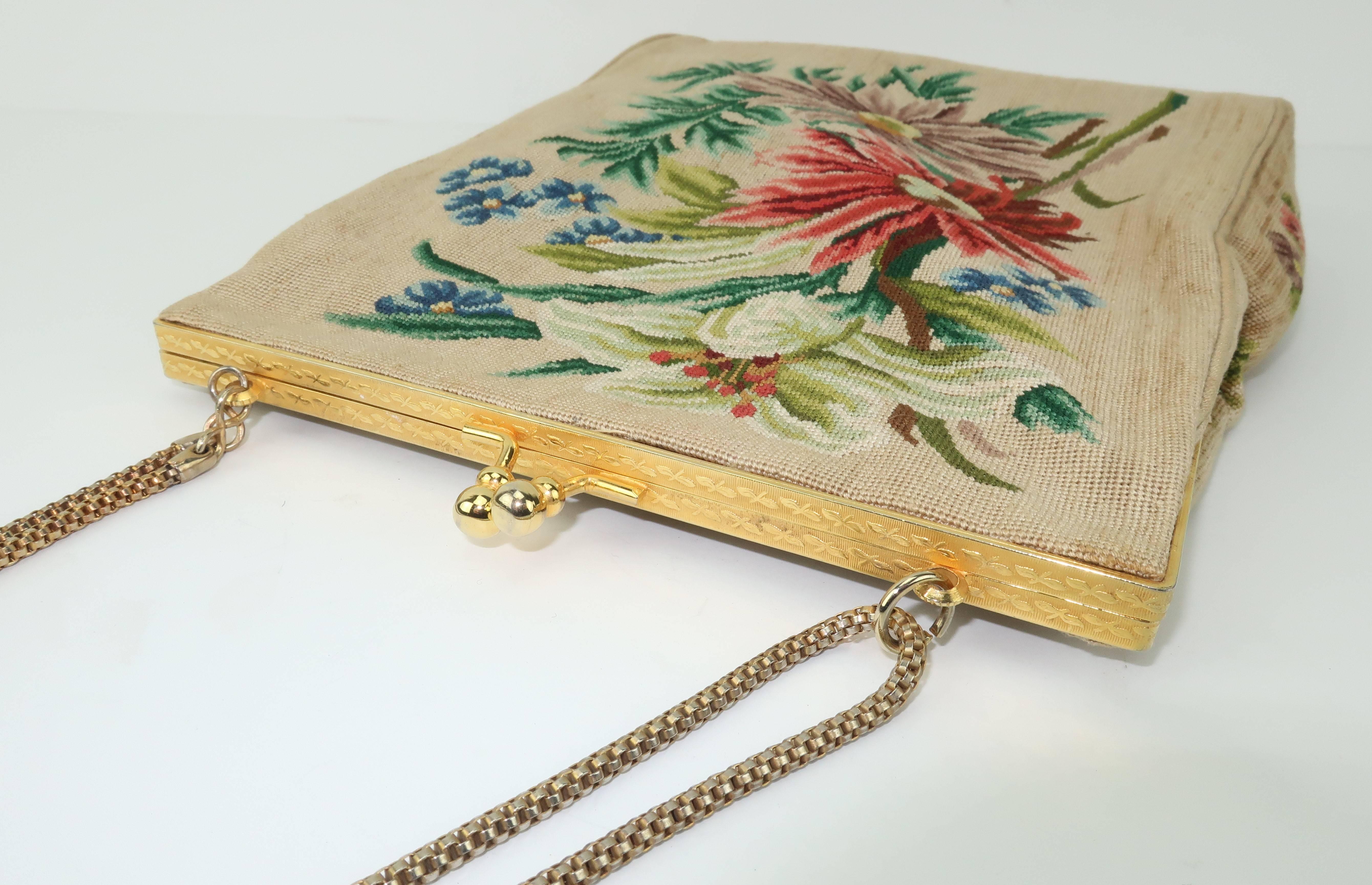 Vintage Floral Petit Point Handbag With Convertible Chain 2