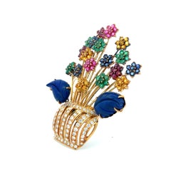 Spilla floreale vintage da 2,5 carati con diamante rotondo, smeraldo, zaffiro e citrino