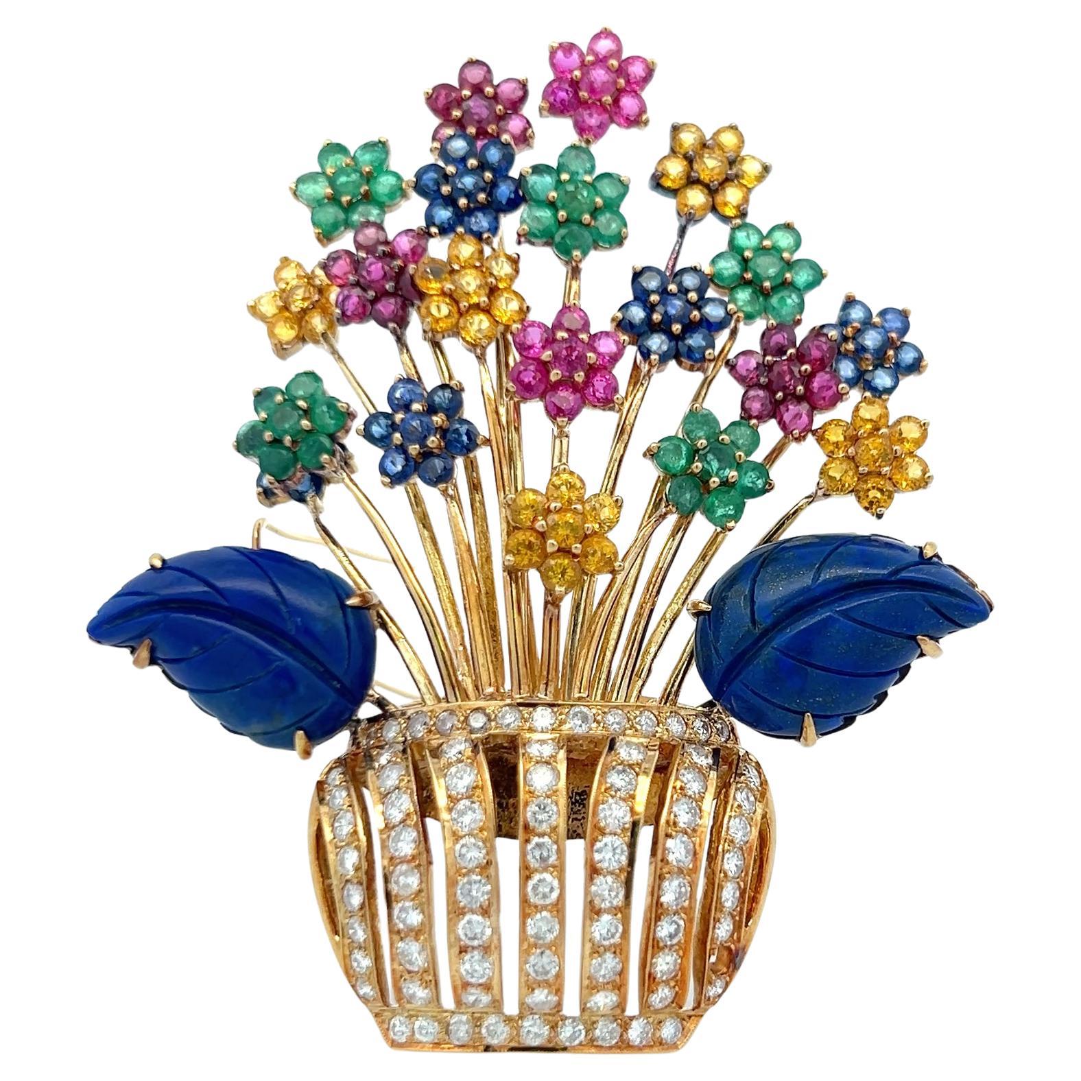 Vintage Floral Pin Brooch 2.5 Carat Round Diamond Emerald Sapphire and Citrine