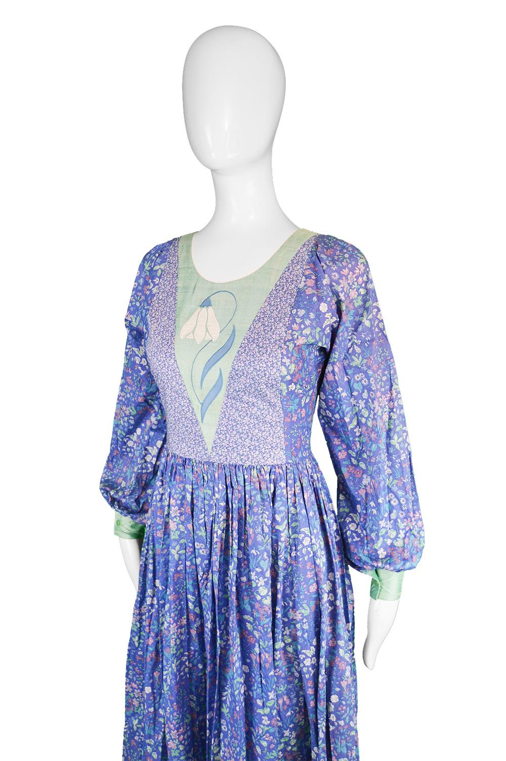 Purple Vintage Floral Print Cotton & Green Silk Shantung Patchwork Maxi Dress, 1970s