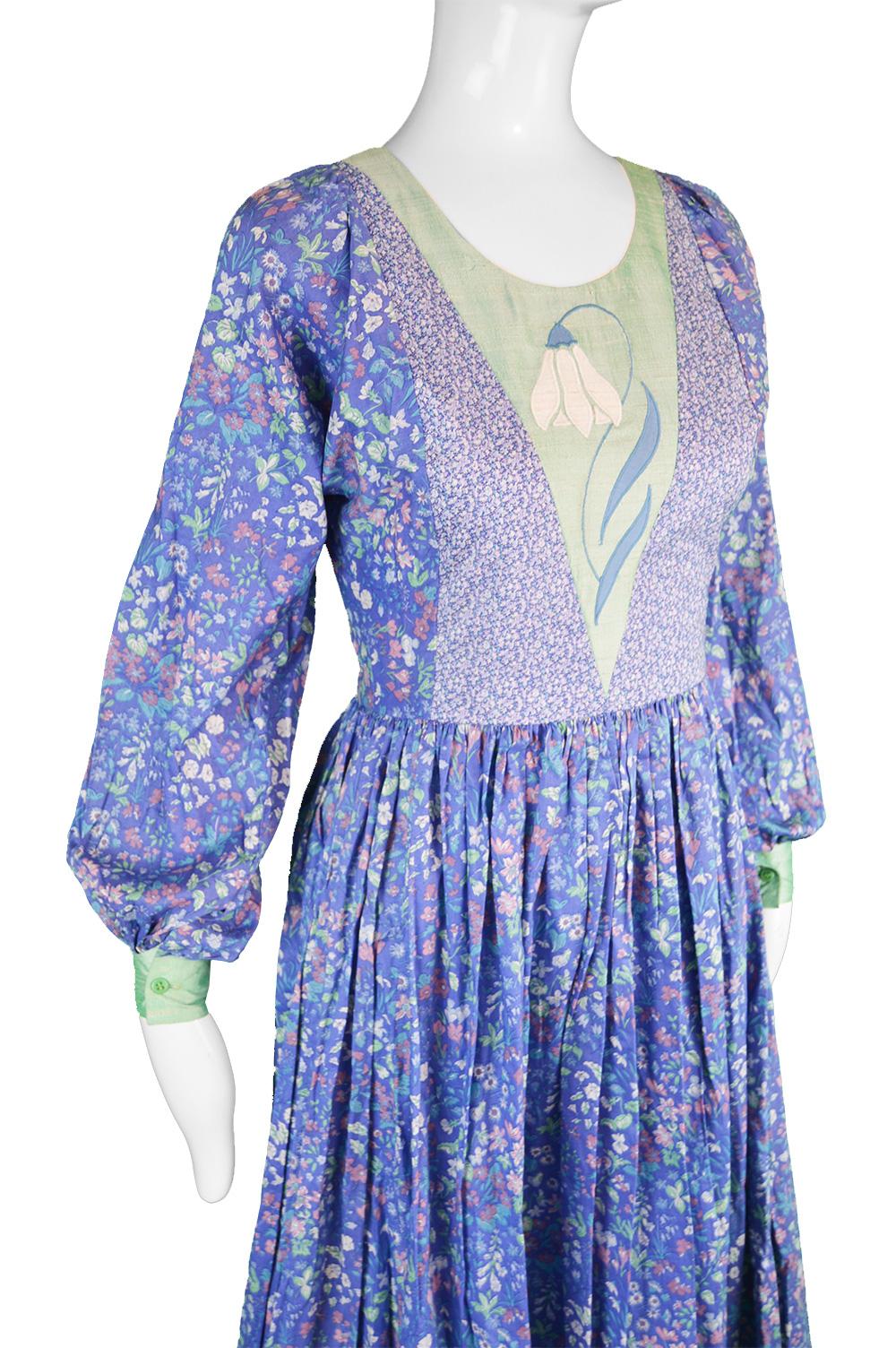 Women's Vintage Floral Print Cotton & Green Silk Shantung Patchwork Maxi Dress, 1970s